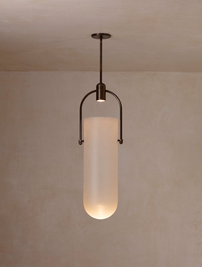 Arc Well Pendant 23" shown in Bronze, Frosted Glass
